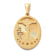 Easter Ion Plating(IP) 304 Stainless Steel Pendants, Oval with Crucifix Cross Charm, Real 14K Gold Plated, 35x25x3mm, Hole: 8x3.5mm(STAS-Z098-33G)