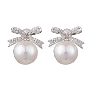 Natural Pearl Ear Studs, with Sterling Silver Micro Pave Clear Cubic Zirconia Findings, Bowknot, Platinum, 18x17mm(EJEW-P286-40P)