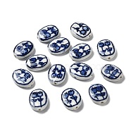 Handmade Porcelain Beads, Blue and White Porcelain, Oval with Flower, Dark Blue, 20.5x15.5x5.5mm, Hole: 1.6mm(PORC-Z001-07)