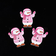 Christmas 2-Hole Spray Painted Maple Wooden Buttons, Single-Sided Printed, Snowman, Hot Pink, 35x26x2mm, Hole: 1.8mm(WOOD-N005-46)