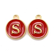 Golden Plated Alloy Enamel Charms, Cadmium Free & Lead Free, Enamelled Sequins, Flat Round with Letter, Red, Letter.S, 14x12x2mm, Hole: 1.5mm(X-ENAM-S118-03S)