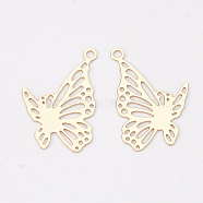 Brass Pendants, Etched Metal Embellishments, Long-Lasting Plated, Butterfly, Light Gold, 19x12x0.3mm, Hole: 1.2mm(X-KKC-S001-029KC)