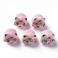 Handmade Porcelain Beads, Famille Rose Style, Tiger, Pink, about 12x10.5x11mm, Hole: 1.8mm(PORC-T007-20B)