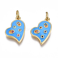 Brass Micro Pave Cubic Zirconia Enamel Charms, with Jump Rings, Nickel Free, Heart, Real 16K Gold Plated, Dodger Blue, 10.5x13.5x2mm, Jump Ring: 5x0.8mm, 3mm inner diameter(ZIRC-Q200-024A-NF)