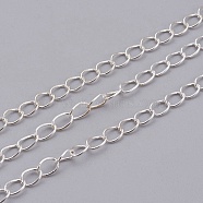 Brass Twisted Chains, Curb Chains, Soldered, with Spool, Lead Free & Cadmium Free, Silver Color Plated, 4x3x0.45mm, about 301.83 Feet(92m)/roll(CHC-Q001-02S)