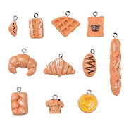 Resin Pendants, Imitation Food, with Platinum Plated Iron Screw Eye Pin Peg Bails, Baguette & Cake & Waffle & Bread & Egg Tart & Toast & Triangle Bread & Breads with Chocolate & Breads with Cream, Mixed Color, 14x25x10mm, Hole: 2mm, 2pcs/style, 22pcs/box(RESI-LS0001-01P)