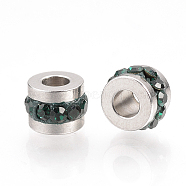 201 Stainless Steel Rhinestone Beads, Column, Emerald, 7x5mm, Hole: 3mm(RB-YWC0001-02B)