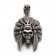 304 Stainless Steel Big Pendants, Indian Skull, Antique Silver, 53x35x14mm, Hole: 12x5mm(STAS-M222-07AS)