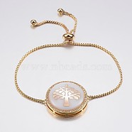 Adjustable Brass Micro Pave Cubic Zirconia Shell Bolo Bracelets, Slider Bracelets, with Brass Box Chains, Flat Round with Tree of Life, White, Golden, 10-1/4 inch(260mm), 1.2mm(BJEW-H557-03G)
