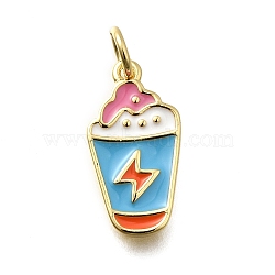 Brass Enamel Pendants, with Jump Ring, Cadmium Free & Lead Free, Long-Lasting Plated, Drink Charm, Rack Plating, Real 18K Gold Plated, Deep Sky Blue, 17x9x2mm, Hole: 3mm(KK-P295-03G)