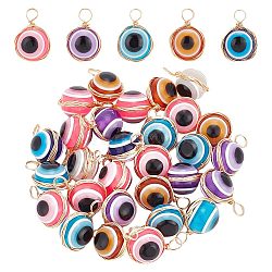 30Pcs Resin Pendants, Evil Eye Charms, with Real 18K Gold Plated Eco-Friendly Copper Wire Wrapped, Mixed Color, 21x14.5x12mm, Hole: 4.5mm(FIND-AR0003-82)