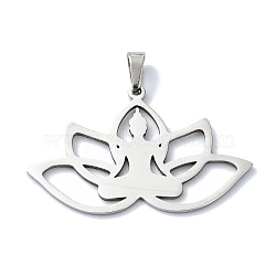 Non-Tarnish 304 Stainless Steel Pendants, Laser Cut, Lotus with Yoga Charms, Stainless Steel Color, 23x37x1mm, Hole: 6x3mm(STAS-C097-13P)