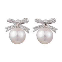 Natural Pearl Ear Studs, with Sterling Silver Micro Pave Clear Cubic Zirconia Findings, Bowknot, Platinum, 18x17mm(EJEW-P286-40P)