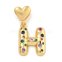 Brass Micro Pave Colorful Cubic Zirconia Pendants, Heart Letter Charms, Real 18K Gold Plated, Letter H, 30.5mm, Hole: 6x3mm, pendant: 21x16.5x4mm(KK-P281-01G-H)