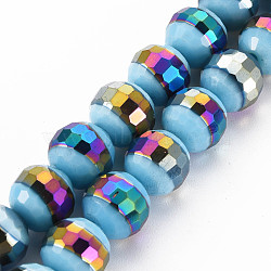 Electroplate Opaque Solid Color Glass Beads Strands, Rainbow Color Plated, Faceted, Round, Light Sky Blue, 12x11mm, Hole: 1.5mm, about 33pcs/strand, 14.17 inch~14.57 inch(36~37cm)(EGLA-N006-033-B01)