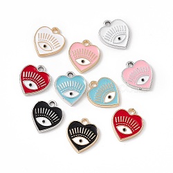 Alloy Enamel Pendants, Golden, Heart with Eye Charm, Mixed Color, 14.5x13x1.5mm, Hole: 1.6mm(X-ENAM-K066-08)