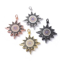 Brass Micro Pave Cubic Zirconia Pendants, Shining Star, Colorful, Mixed Color, 27x24x4.5mm, Hole: 3mm(ZIRC-E143-52)