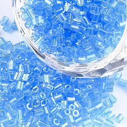 Grade A Glass Seed Beads, Hexagon(Two Cut), Transparent Colours Lustered, Light Sky Blue, 1.5~2.5x1.5~2mm, Hole: 0.8mm, about 2100pcs/bag, 450g/bag(SEED-S022-03K)