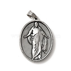 Tibetan Style 304 Stainless Steel Pendants, Religion, Oval with Man Pattern Charms, Antique Silver, 35.5x26x3.5mm, Hole: 5x7mm(STAS-G275-10AS)