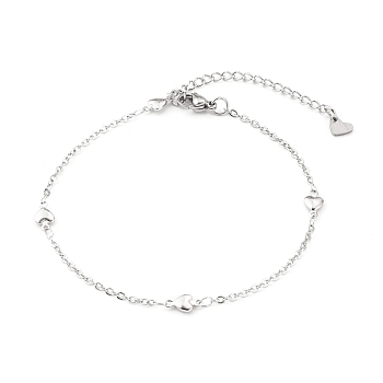 304 Stainless Steel Cable Chain Anklets, with Heart Links and Lobster Claw Clasps, Stainless Steel Color, 8-5/8 inch(21.8cm)