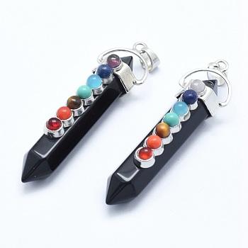 Chakra Jewelry, Natural Obsidian Double Terminated Pointed Pendants, with Natural & Synthetic Mixed Stone Alloy Findings, Bullet, Platinum, 58~61x16.5~18x15.5~16mm, Hole: 4.5x7.5mm