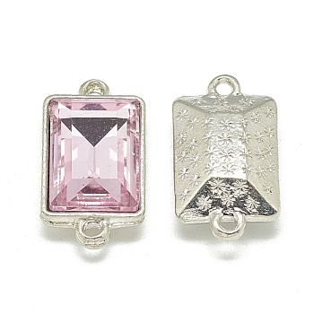 Alloy Glass Links connectors, Faceted, Rectangle, Platinum, Pearl Pink, 21x12x6mm, Hole: 1.5mm