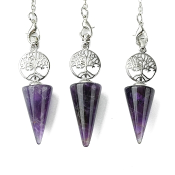 Natural Amethyst Cone Dowsing Pendulum Big Pendants, with Tree of Life Rack Plating Platinum Plated Brass Findings, Cadmium Free & Lead Free, 220~240mm, Hole: 1.5~2mm