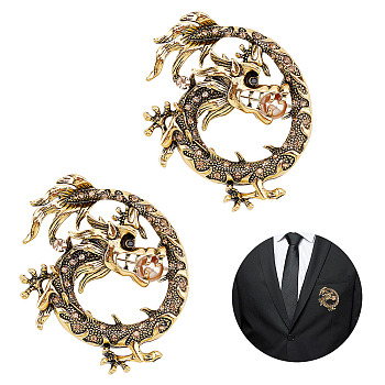 AHADERMAKER 2Pcs Smoked Topaz Rhinestone Dragon with Imitation Pearl Lapel Pin, Alloy Animal Brooch for Backpack Clothes, Antique Golden, 58x50x8mm