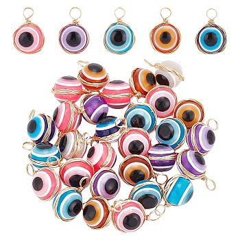 30Pcs Resin Pendants, Evil Eye Charms, with Real 18K Gold Plated Eco-Friendly Copper Wire Wrapped, Mixed Color, 21x14.5x12mm, Hole: 4.5mm