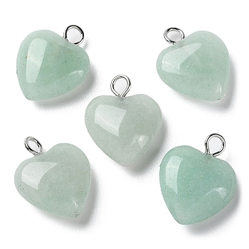 Natural Green Aventurine Pendants, Heart Charms with Platinum Plated Brass Loops, 14.8~15x12x4.1~4.6mm, Hole: 2mm
