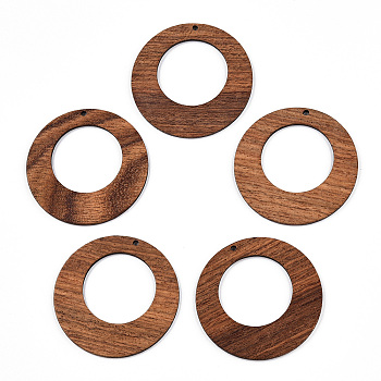 Natural Wenge Wood Pendants, Undyed, Hollow Flat Round Charms, Camel, 49x2.5mm, Hole: 2mm