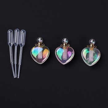 Angel Aura Quartz, Faceted Natural Quartz Crystal Pendants, Openable Perfume Bottle, with Golden Tone Brass Findings and Plastic Dropper, Heart, AB Color Plated, 36.5mm, Hole: 1.6mm, Capacity: 5ml(0.17fl. oz)