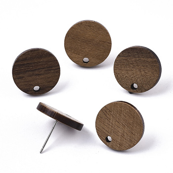 Walnut Wood Stud Earring Findings, with 304 Stainless Steel Pin, Flat Round, Coconut Brown, 15mm, Hole: 1.8mm, Pin: 0.7mm