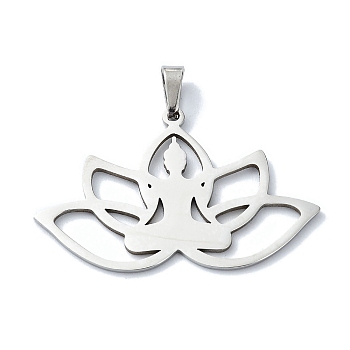 304 Stainless Steel Pendants, Laser Cut, Lotus with Yoga Charms, Stainless Steel Color, 23x37x1mm, Hole: 6x3mm