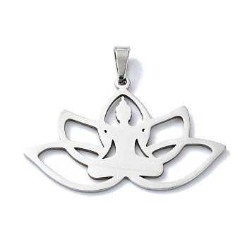 Non-Tarnish 304 Stainless Steel Pendants, Laser Cut, Lotus with Yoga Charms, Stainless Steel Color, 23x37x1mm, Hole: 6x3mm