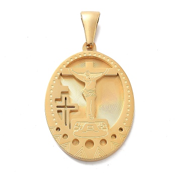 Easter Ion Plating(IP) 304 Stainless Steel Pendants, Oval with Crucifix Cross Charm, Real 14K Gold Plated, 35x25x3mm, Hole: 8x3.5mm