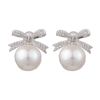 Natural Pearl Ear Studs, with Sterling Silver Micro Pave Clear Cubic Zirconia Findings, Bowknot, Platinum, 18x17mm