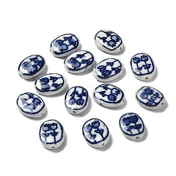Handmade Porcelain Beads, Blue and White Porcelain, Oval with Flower, Dark Blue, 20.5x15.5x5.5mm, Hole: 1.6mm