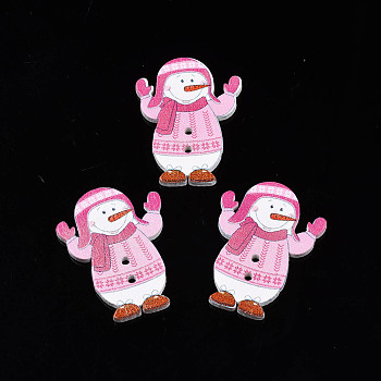 Christmas 2-Hole Spray Painted Maple Wooden Buttons, Single-Sided Printed, Snowman, Hot Pink, 35x26x2mm, Hole: 1.8mm