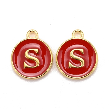 Golden Plated Alloy Enamel Charms, Cadmium Free & Lead Free, Enamelled Sequins, Flat Round with Letter, Red, Letter.S, 14x12x2mm, Hole: 1.5mm