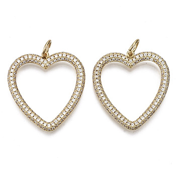 Brass Micro Pave Cubic Zirconia Pendants, with Jump Ring, Heart, Nickel Free, Real 16K Gold Plated, Clear,  31x29x3mm, Hole: 5mm