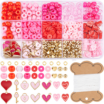 DIY Valentine's Day Bracelet Making Kit, Polymer Clay Disc & Plastic Abacus Beads, Heart & Lock & Key Alloy Enamel Pendant, Pink, 720Pcs/box