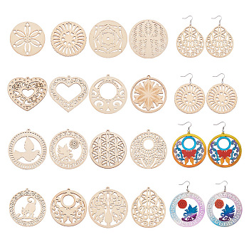 Cheriswelry DIY Wooden Dangle Earring Making Kits, 32Pcs Heart & Flat Round with Pigeon & Butterfly & Bird Wooden Pendants, 120Pcs 304 Stainless Steel Earring Hooks and Jump Rings, Mixed Color, 6~65x0.7~68mm, hole: 1.6~2mm, 2pcs/style