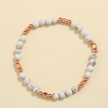 Natural Howlite & Brass Bead Stretch Bracelets for Women, Rose Gold, 6-7/8 inch(17.5cm)