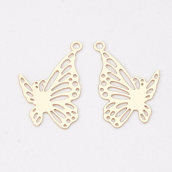 Brass Pendants, Etched Metal Embellishments, Long-Lasting Plated, Butterfly, Light Gold, 19x12x0.3mm, Hole: 1.2mm