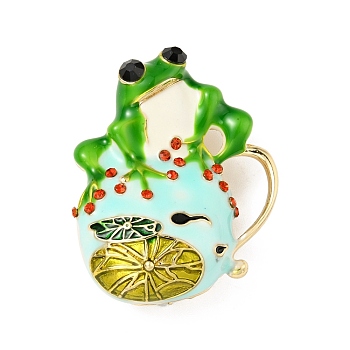 Frog with Lotus Enamel Pin with Rhinestone, Light Gold Alloy Cartoon Badge for Backpack Clothes, Colorful, 39.5x32.5x15.5mm