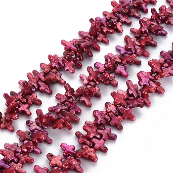 Natural Keshi Pearl Beads Strands, Cultured Freshwater Pearl, Dyed, Cross, Medium Violet Red, 13~20x8~10x3~9mm, Hole: 0.5mm, about 98~106pcs/strand, 16.14 inch(41cm)