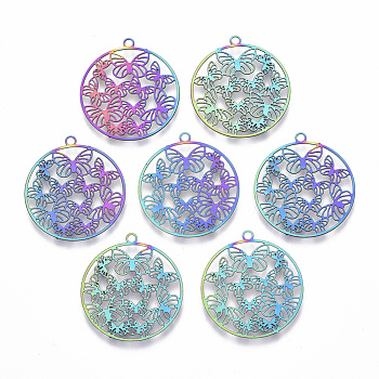 Ion Plating(IP) 201 Stainless Steel Filigree Pendants, Etched Metal Embellishments, Ring with Butterfly, Rainbow Color, 22.5x20.5x0.4mm, Hole: 1.5mm