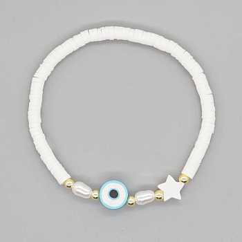 Shell Pearl & Star & Evil Eye Beaded Stretch Bracelet, Polymer Clay Heishi Surfer Preppy Bracelet for Women, Light Cyan, 6-7/8 inch(17.5cm)