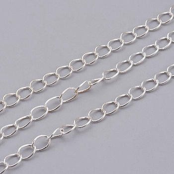 Brass Twisted Chains, Curb Chains, Soldered, with Spool, Lead Free & Cadmium Free, Silver Color Plated, 4x3x0.45mm, about 301.83 Feet(92m)/roll